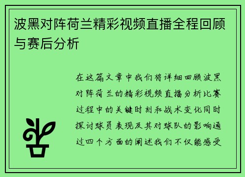 波黑对阵荷兰精彩视频直播全程回顾与赛后分析